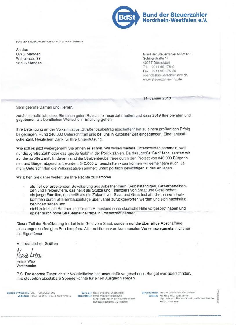 Brief Bund der Steuerzahler vom 14.Januar 2019