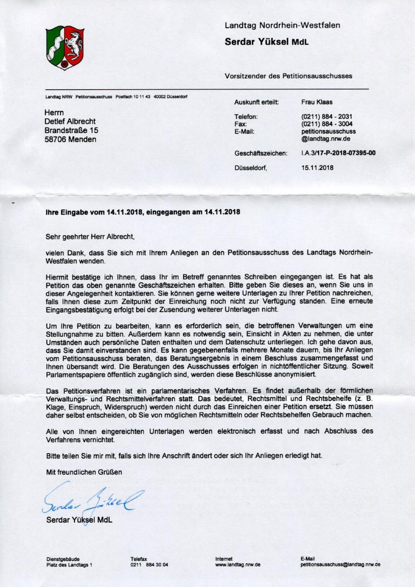 Brief Peditionsausschuß Landtag NRW